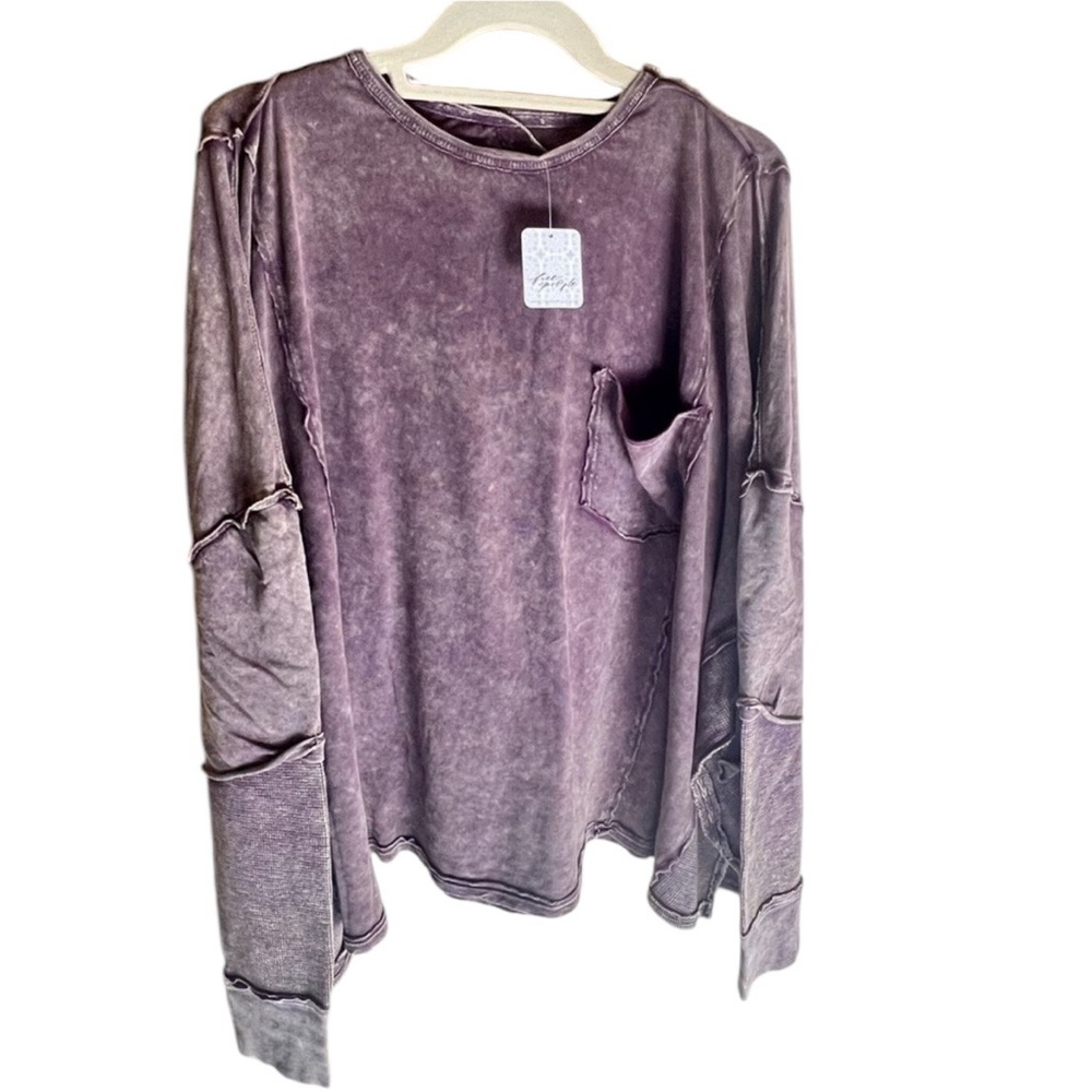 We the Free People Wine Purple Acid Wash Long Sleeve Seamed Boxy Patchy Shirt M
